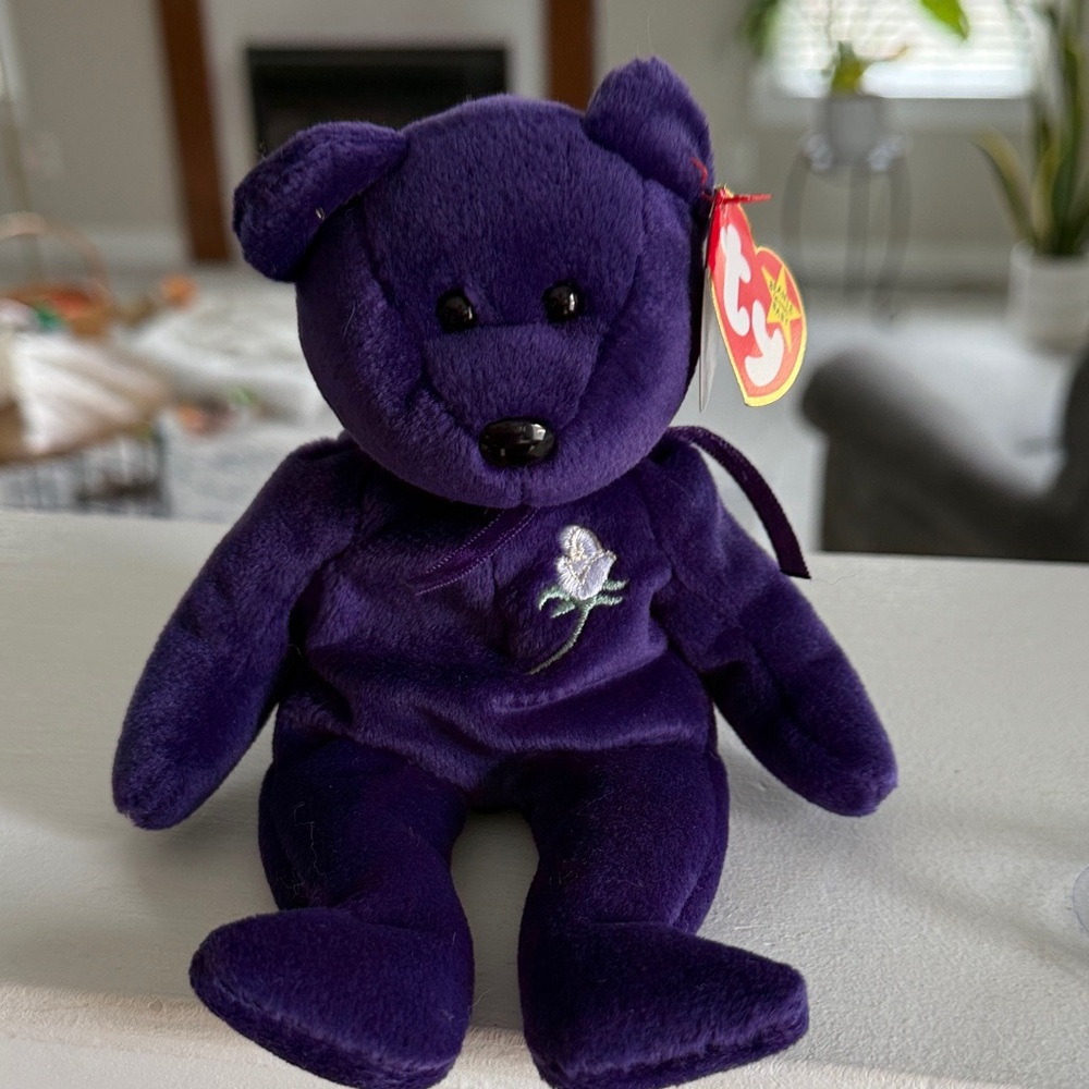 Adorable Purple Plush Bear with Ribbon Ty Beanie Baby Princess Diana NWT
